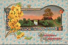 1913 BIRTHDAY GREETINGS Embossed Postcard House & Bridge Scene / Yellow Flowers picture