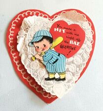 Vintage 1940s 50s Baseball Boy School Valentine’s Day Card  Doily Heart picture