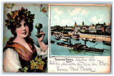 1908 Woman Holding Wine Glass Gruss Aus Mainz Germany Antique Postcard picture