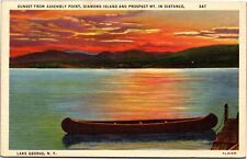 Postcard NY Lake George Sunset from Assembly Point canoe tied to dock picture