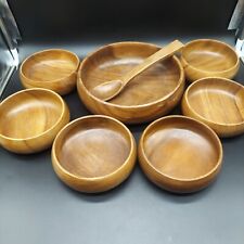 VTG Action Hand-Carved Teak Wood Salad Bowl 6 bowls Spoon Made in Philippines picture