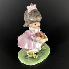 Vintage Lefton Girl Basket Apples Figurine Porcelain Pink 4-in high picture