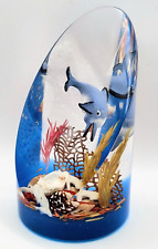 Vintage Unique Lucite Encased Dolphin Coral Sea Shell Diorama Wedge Paperweight picture