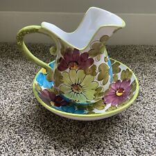 VINTAGE Italian Hand Painted Pitcher and Wash Basin set Green Floral ITALY picture