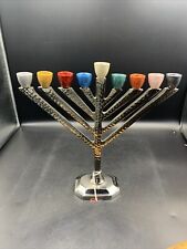 Menorah Art Deco Hammered Silver Tone Aluminum Painted Candle Cups picture