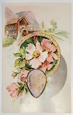 Easter Greetings Purple Satin Egg Pink Flowers Gilded Postcard V29 picture