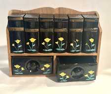 VINTAGE BOOK SHAPE SPICE SET WITH WOOD RACK , JAPAN BLACK WITH YELLOW FLOWERS picture