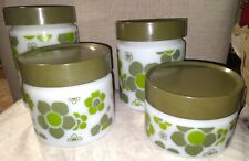 VINTAGE- 1960's Anchor Hocking Canisters Avocado Green Crazy Daisy RARE FULL SET picture