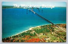 The Mackinac Bridge Michigan MI Vintage Postcard Aerial View Straits 1950s picture