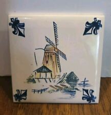 Vintage KLM Airlines Business Class Delft Porcelain Tile Coaster Windmill 3x3