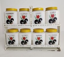 Mckee Tipp City Spice Jars 8 Vintage Milk Glass Poppy Yellow Lid Shakers & Rack picture