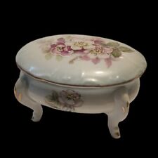 Antique Porcelain Hand Painted Floral Vanity Footed Jewelry Trinket Box Lid  picture