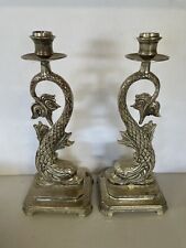Vintage Pair of Two Silver Ornate Candle Stick Holders Dolphin Koi  Altar 12” picture