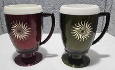 Set of 2 Vtg Insulated Melmac Handled Pedestal Maroon Green Mugs Sunburst picture
