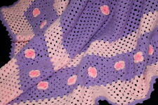 Vtg Pink & Purple Baby Rose Flower Afghan Coverlet Crocheted Throw Blanket picture