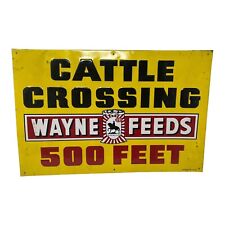 Authentic Vintage Wayne Feeds Cattle Crossing 500 Feet Embossed Tin Sign (1960s) picture