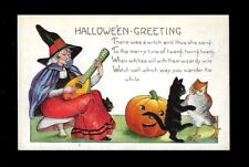 Early 1900's Whitney Made Halloween Postcard Witch Playing Guitar Cat & Owl picture