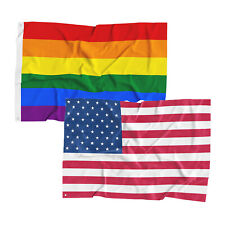 2PCS 3X5' Ft Rainbow Flag Gay Pride Banner + American Stars Stripes USA Flags picture