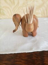 Mid Century Carved Wood Elephant Toothpick Holder Adorable Vintage 3.25 Inches picture