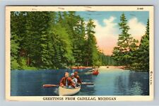 Cadillac MI-Michigan Greetings, Lake, Gentlemen Canoeing, c1942 Vintage Postcard picture