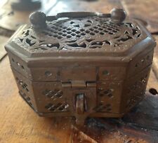 Vintage Brass Pierced Casket Footed Box w/Handle Jewelry Box From India picture