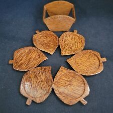 Vtg Hawaiiana Coaster Set/Caddy Handmade Leaf Shape Coconut Wood Set of 6  Read  picture