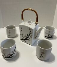 Japanese White Sakura Cherry Blossom Ceramic Tea Set Wicker Handle 4 Cups Japan picture