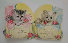 1950s Vtg KITTENS in HAT Boxes w PINK Roses 3 Full Images BIRTHDAY CARD picture