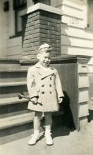 G857 Original Vintage Photo CHILD w/ BUGLE MUSIC TOY, COAT c 1930's 40's picture