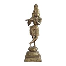 Hindu Lord Krishna Playing Flute Statue Brass Hare Krsna Religious Idol 8-3/4