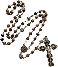 Tiger Eye Stone Beaded Rosary Antique Brass Five Decade Chaplets Cross Necklace picture
