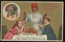 Embossed Thanksgiving Used 1909 Postcard couple at table with Maid servant picture