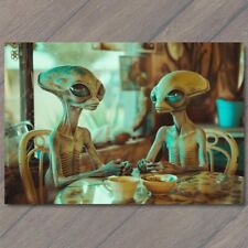 POSTCARD Alien Casual Cafe Sitting Normal Everyday Mundane Restaurant Strange picture
