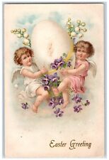 1903 Easter Greetings Angels Holding Giant Egg Flowers Cropsey IL Postcard picture