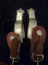 Vintage Crockett Etched Rooster Head Aluminum Spurs with Straps picture
