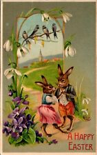 1908 A Happy Easter Anthropomorphic Rabbits Dancing Vintage Postcard L52 picture
