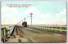 Hampton River New Hampshire~Wooden One Mile Bridge~Trolley~c1910 Postcard picture