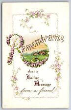 Greetings~Purple Flowers Remembrance Loving Message~Vintage Postcard picture