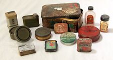 Vintage antique lot of collectable advertising metal tins glass jars WWII  picture