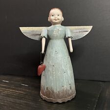 Primitive Folk Art  8” Angel Figurine Blue Dress Holding Red Heart  picture