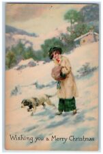 c1910's Christmas Girl And Dog Scene In Winter Snow Posted Antique Postcard picture
