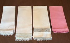 Lot of 4 Vintage  Linen Guest Hand Towels, Tatting Tatted Edges.  Pink, Blue picture