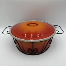 Vintage Flame Orange Enamel on Steel Covered Casserole w/Lid & Holder MCM picture