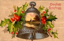 vintage postcard - Christmas Greetings Bell and holly embossed posted 1911 picture