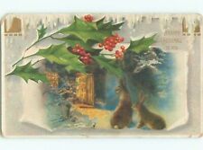Pre-Linen Christmas BEAUTIFUL BUNNY RABBITS LOOKING AT LIGHT FROM HOUSE AB5302 picture