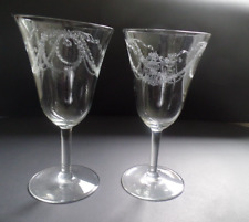Circa 1920 Fostoria Garland 2 Antique Water Goblets Glasses Etched Wreath Swag picture