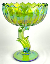 Vintage Indiana Carnival Glass Iridescent Green Lotus Blossom Compote Candy Dish picture
