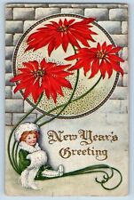 Greenfield MA Postcard New Year Greetings Little Girl With Handwarmer Poinsettia picture