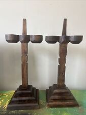 Vintage Pair Primitive Wooden Candleholders Large Rustic Cross Votive Handcarved picture