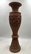 Vintage Hand Carved Wood Pedestal Turned Vase Candle Holder Exotic Rustic 20